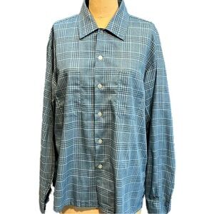 VINTAGE 70s 80s Kmart‎ blue lightweight plaid button down shirt preppy academia